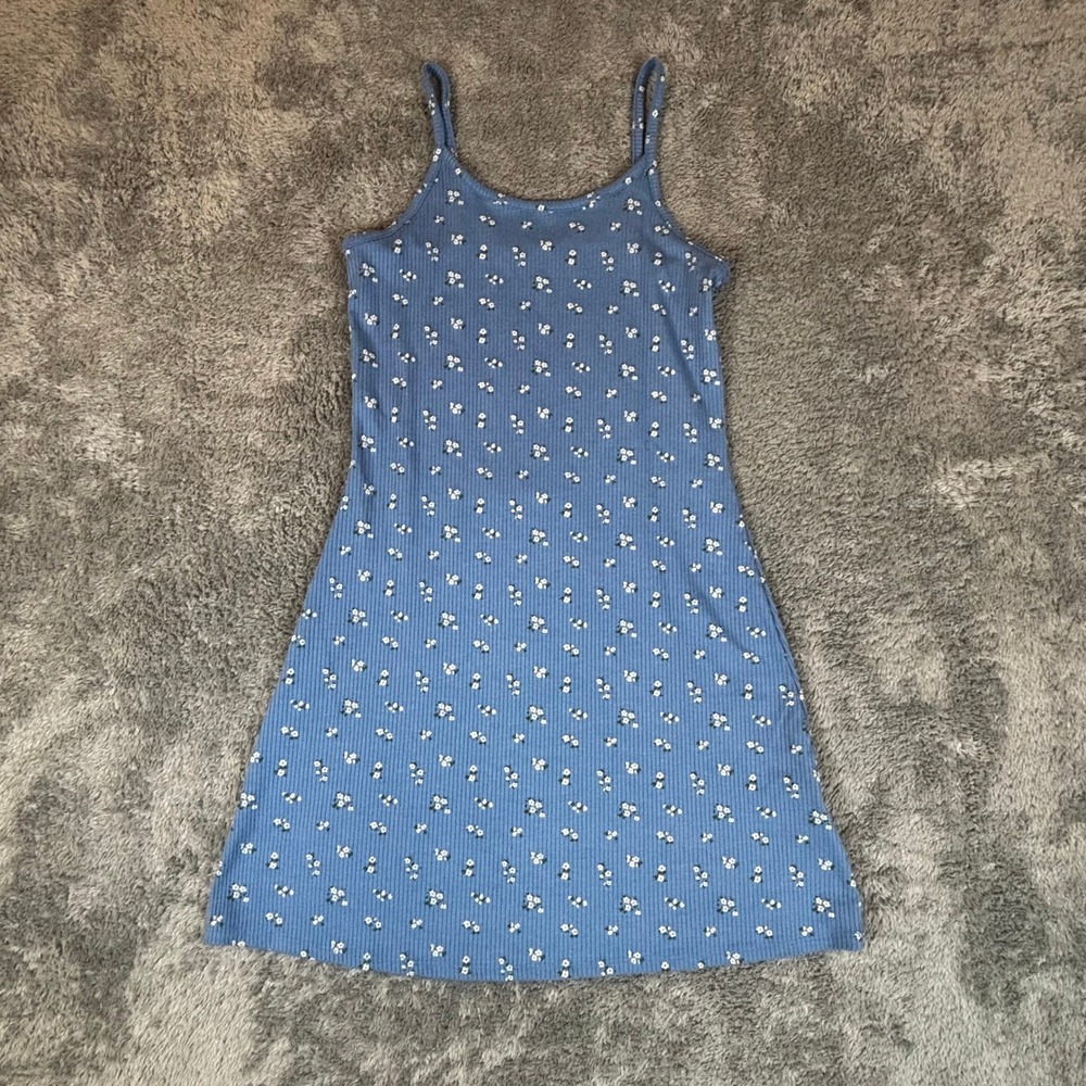 Art Class Girls XL 14 Blue Ribbed Floral Spaghetti Strap A-Line Dress